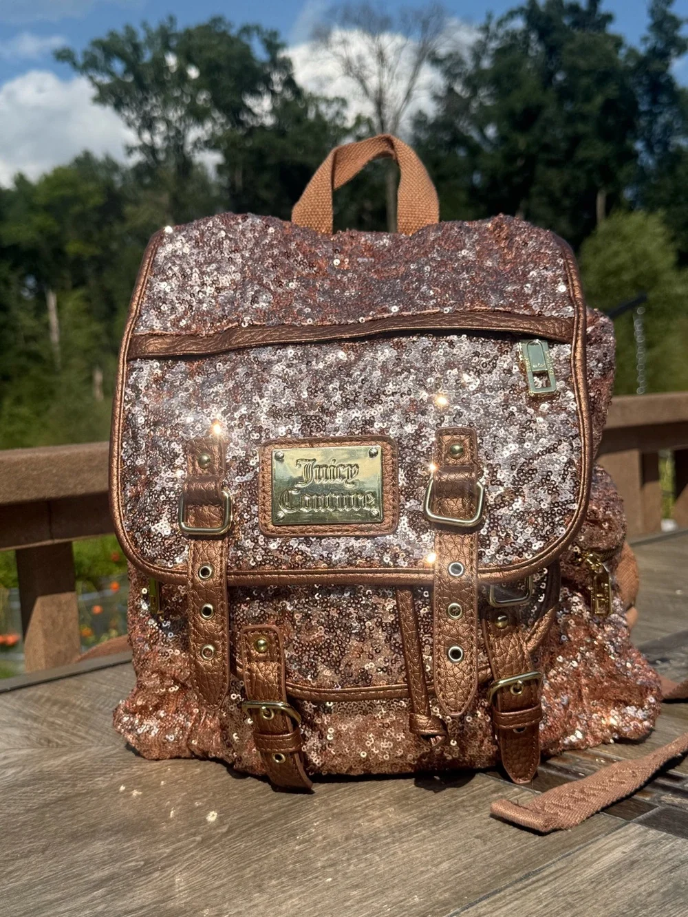 Juicy Couture Rose Gold Sequin Backpack with Buckle Accents